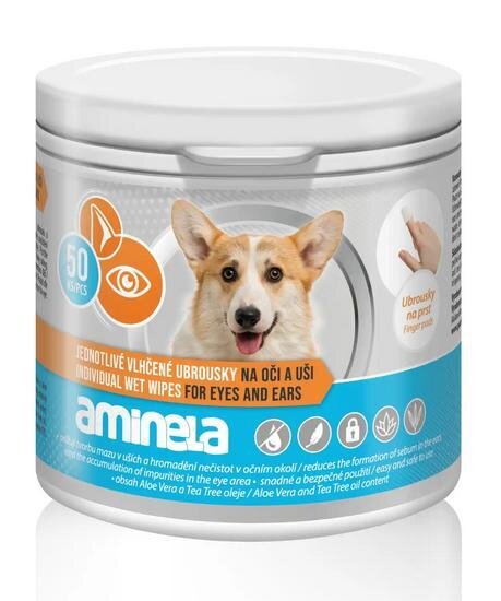 Aminela 50 броя влажни напръстници за почистване на очи и уши куче