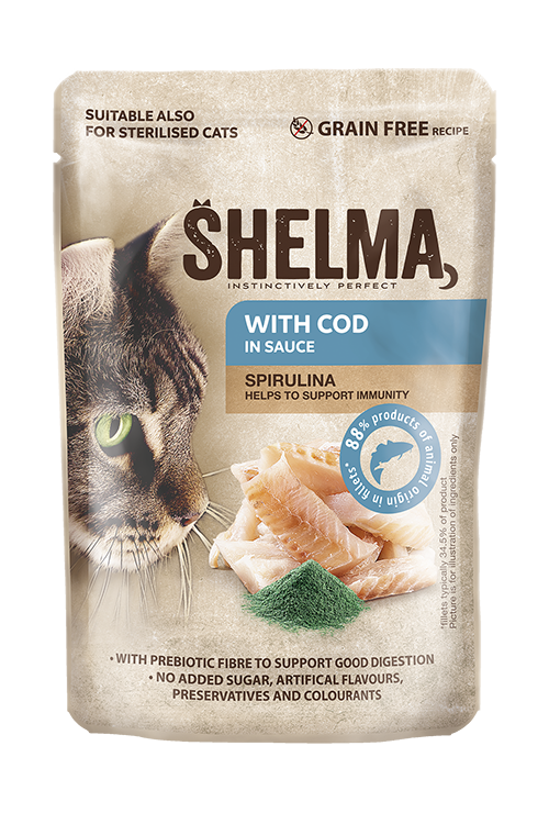 SHELMA-задушени филета за котки с треска и спирулина в сос 85гр
