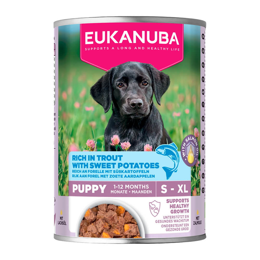 EUKANUBA консерва за подрастващи кученца от всички породи с пъстърва и сладък картоф 400гр