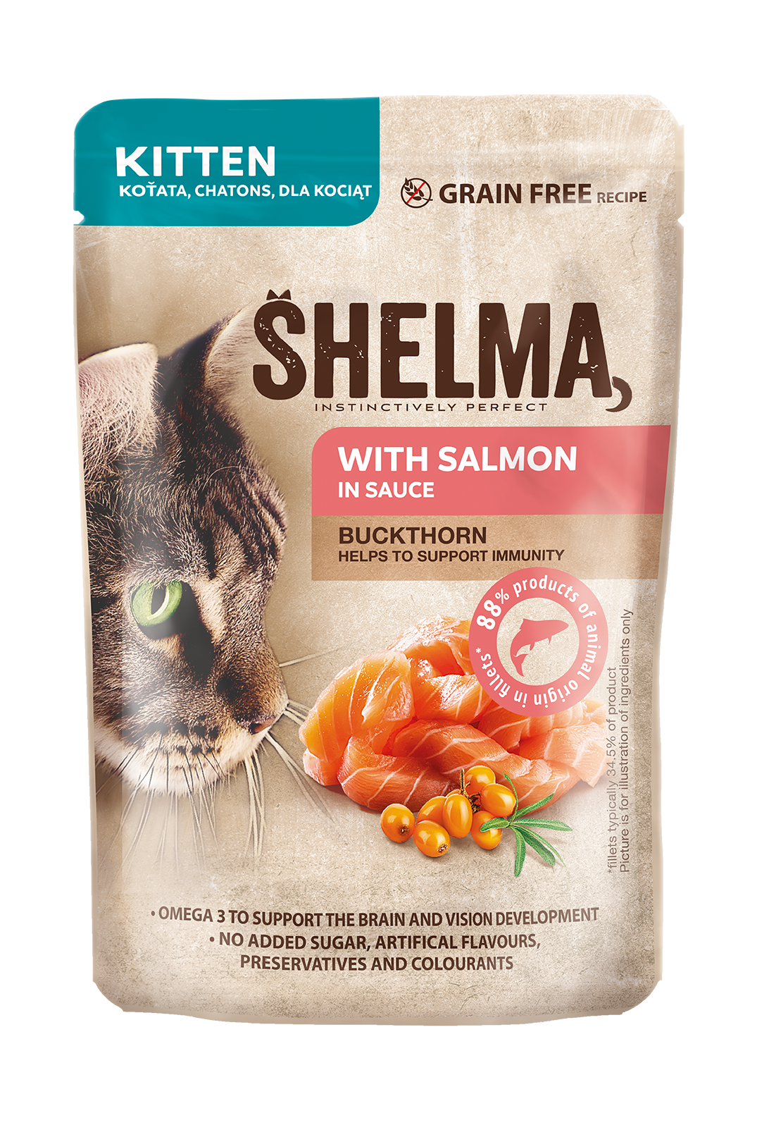 SHELMA-задушени филета за малки котки със сьомга и зърнастец в сос 85гр