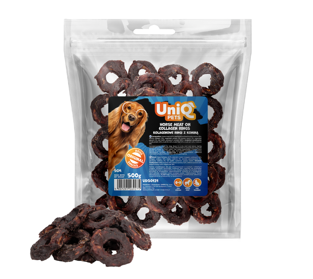 UNIQ PETS конско месо върху колагенови рингове 5см 500гр