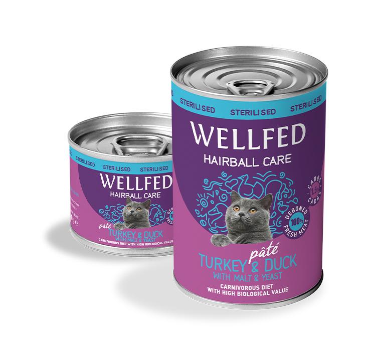 WELLFED пастет за кастрирани котки HAIRBALL CARE с пуйка и патица