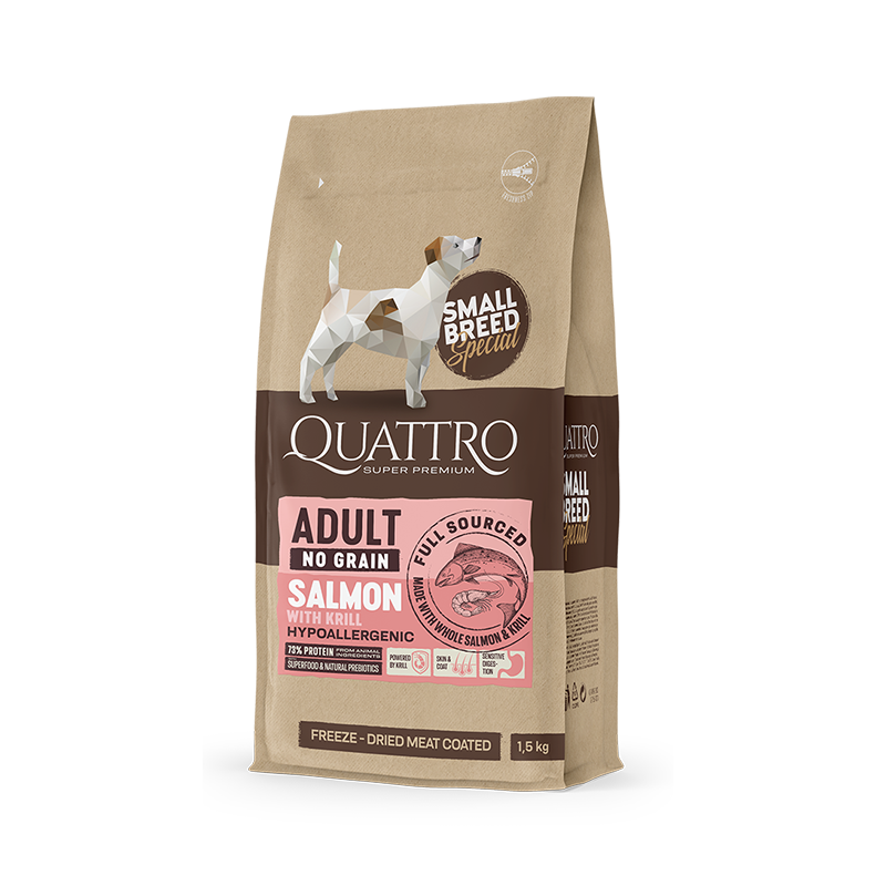 QUATTRO ADULT SALMON суха храна за дребни породи кучета със сьомга и крил
