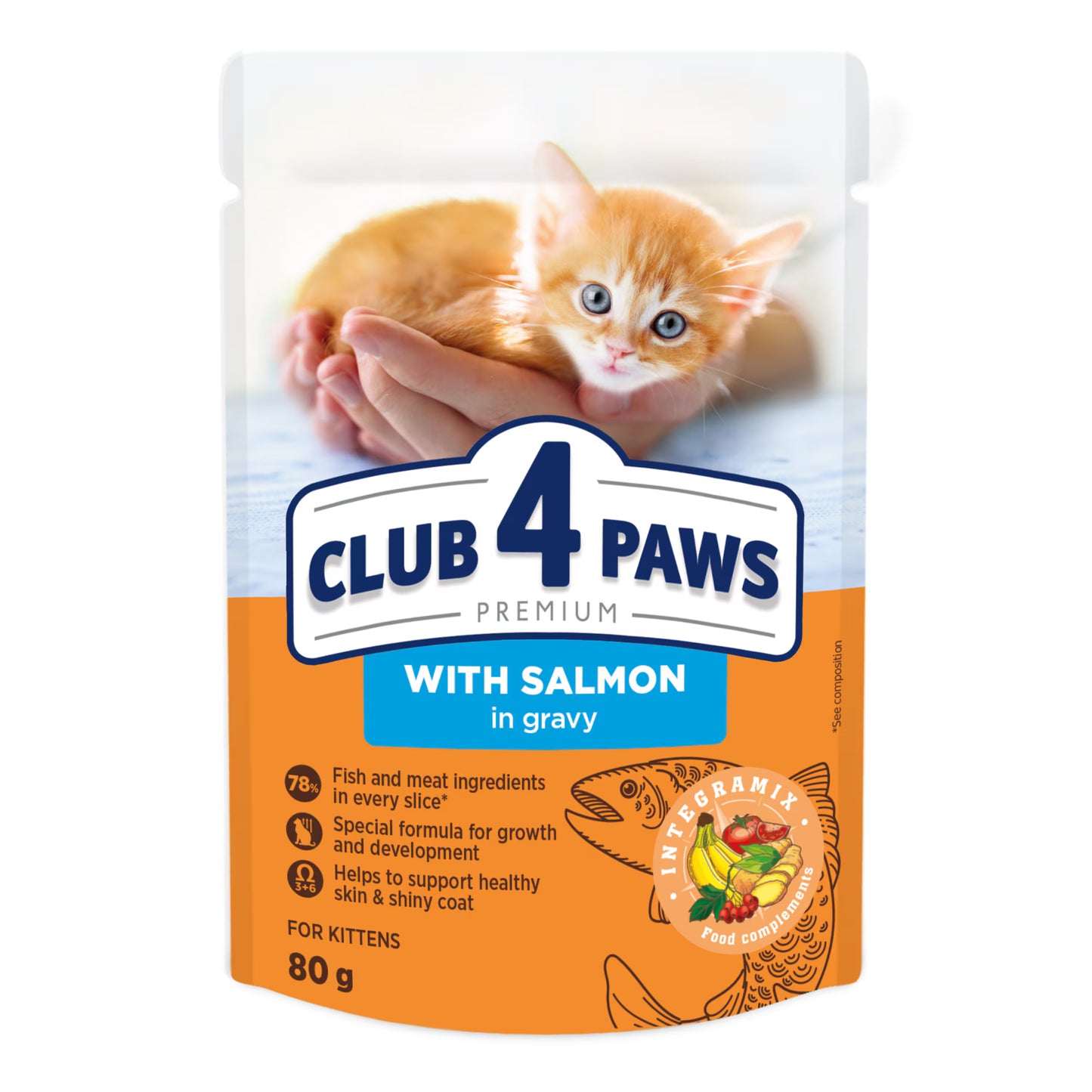 Club 4 Paws пауч за бебета котенца със сьомга в сос 80гр