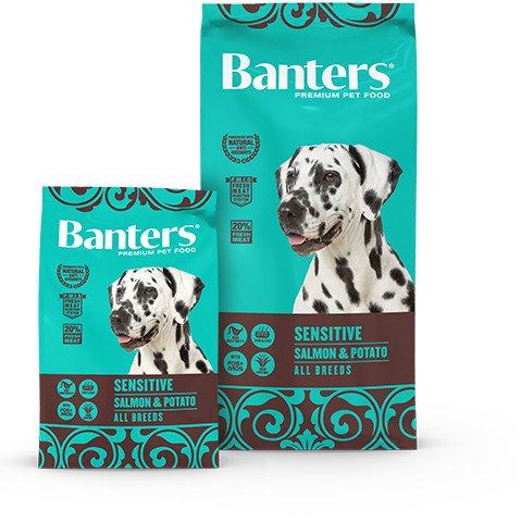 BANTERS-храна за възрастни кучета с чувствителен стомах от всички породи със сьомга и картофи