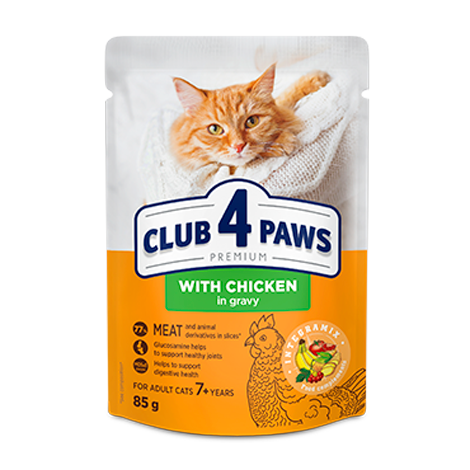 Club 4 Paws пауч за възрастни котки 7+години с пиле в сос 85гр