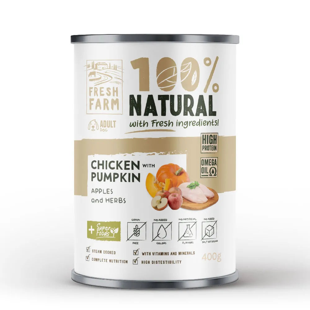 ФРЕШ ФАРМ куче терин с пиле, тиква, ябълка и билки 400гр