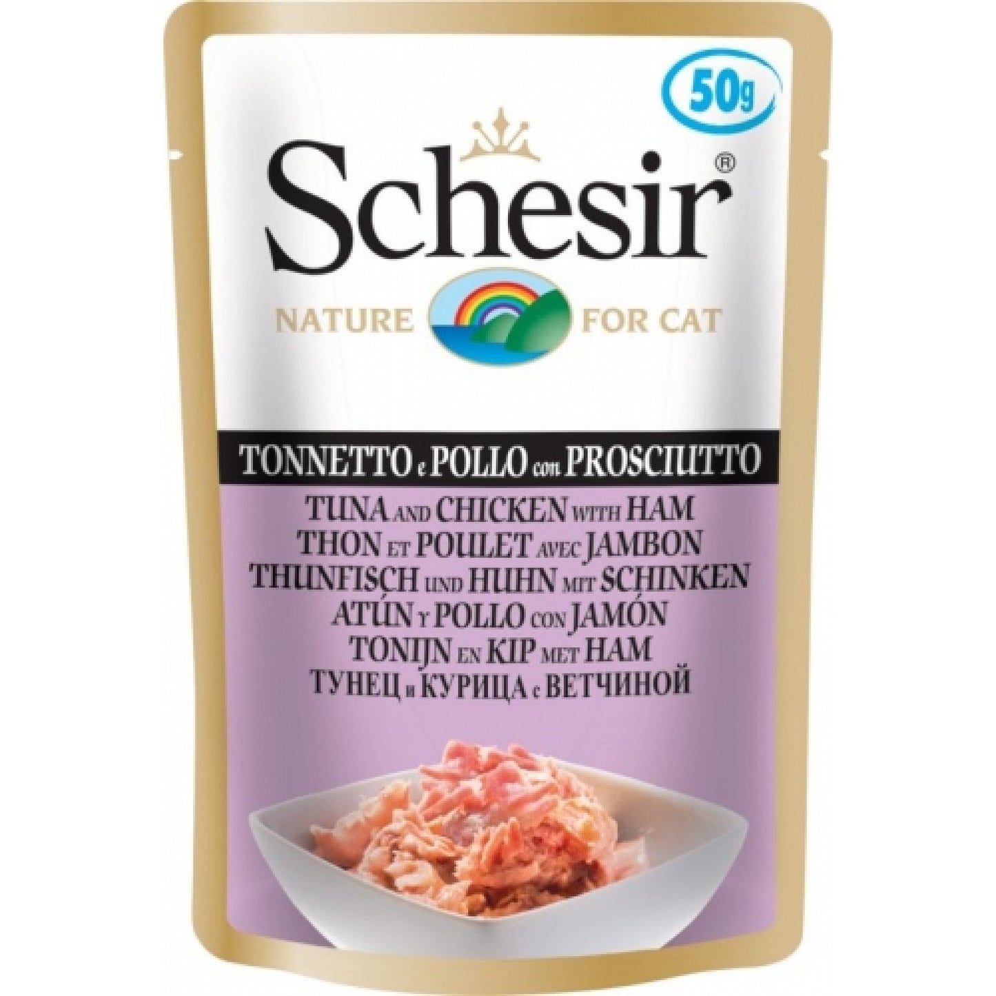 SCHESIR пауч за котки с риба тон и пиле и шунка 50гр