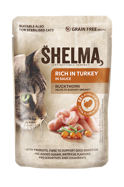 SHELMA-задушени филета за котки с пуешко и зърнастец  в сос 85гр