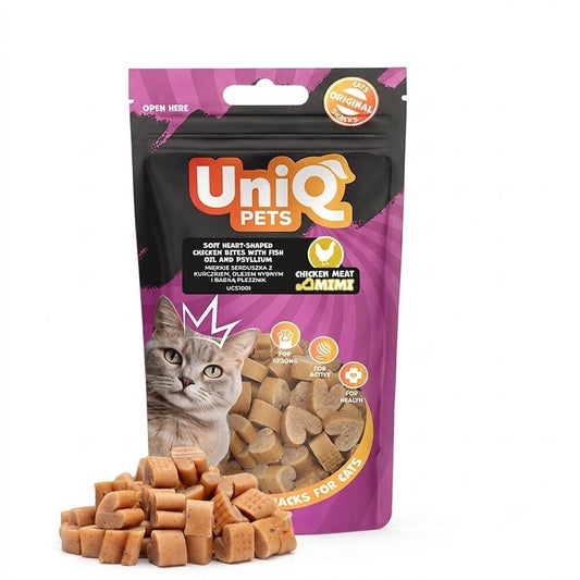UNIQ PETS лакомство меки сърца за котки с пилешко против космени топки 50бр