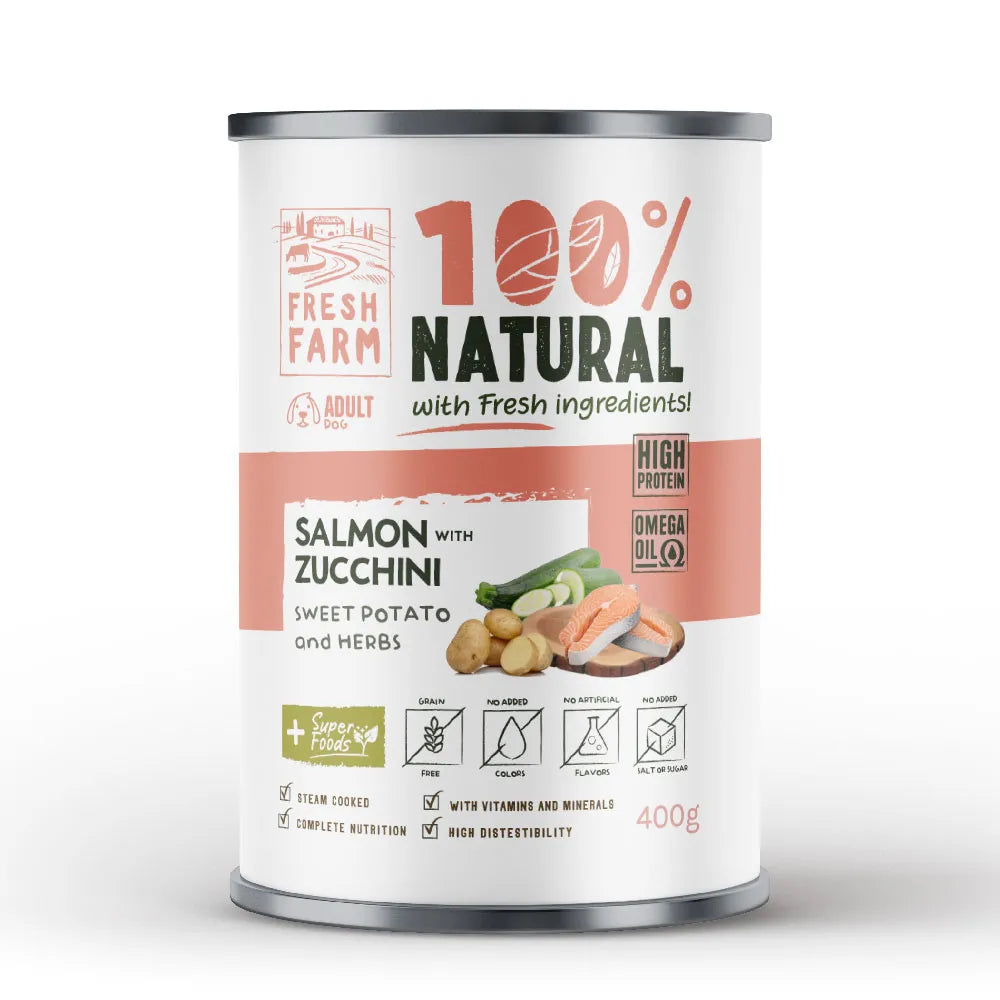 ФРЕШ ФАРМ куче терин Сьомга, тиквички, сладък картоф и билки 400гр