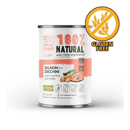 ФРЕШ ФАРМ куче терин Сьомга, тиквички, сладък картоф и билки 400гр