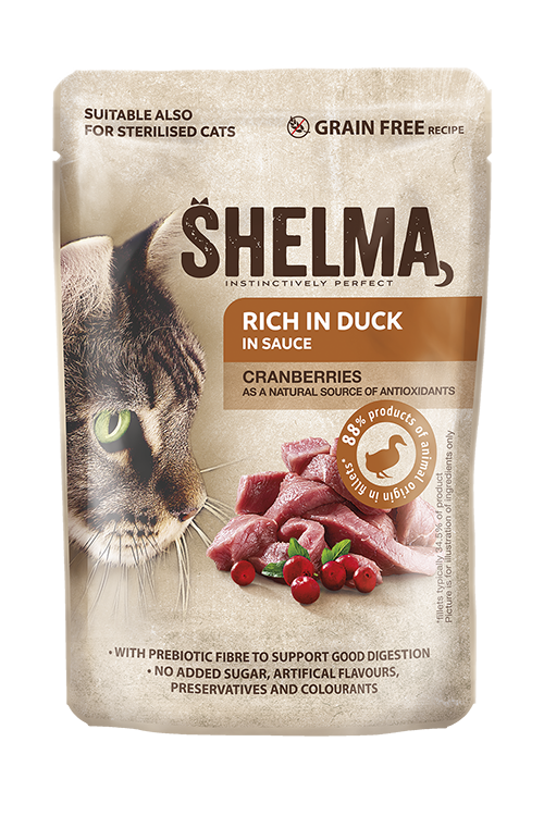 SHELMA-задушени филета за котки с патица и червени боровинки в сос 85гр