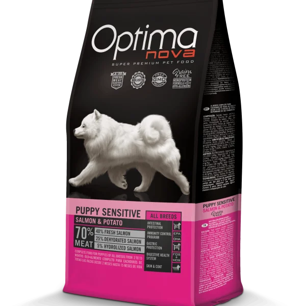 Optima Nova- Храна за  подрастващи кучета от всички породи с чувствителна кожа със сьомга и картофи