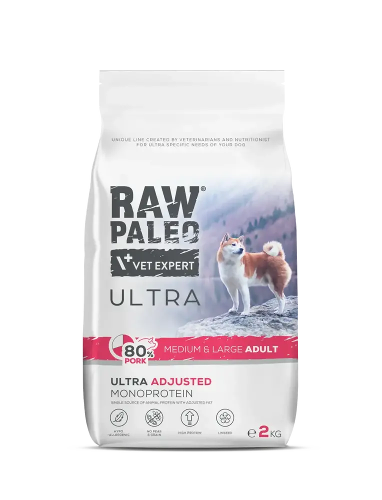 Raw Paleo суха храна със свинско месо за пораснали кучета от средни и големи породи