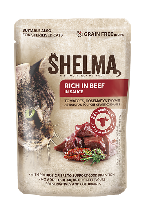 SHELMA-задушени филета за котки с говеждо, домати и розмарин в сос 85гр