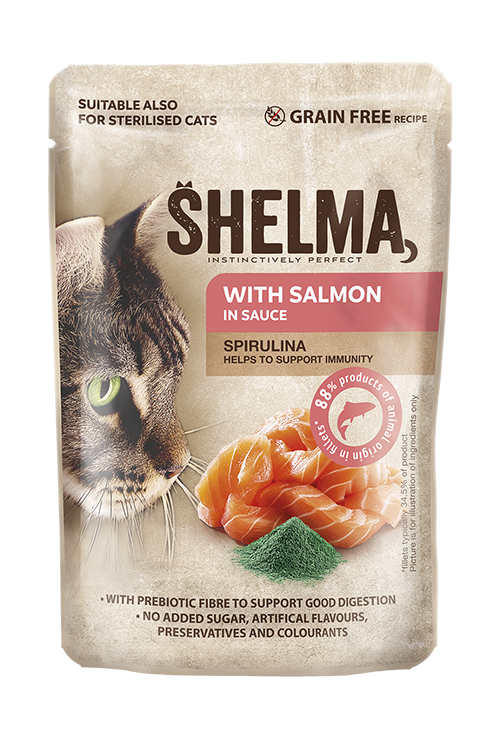 SHELMA-задушени филета за котки със сьомга и спирулина в сос 85гр