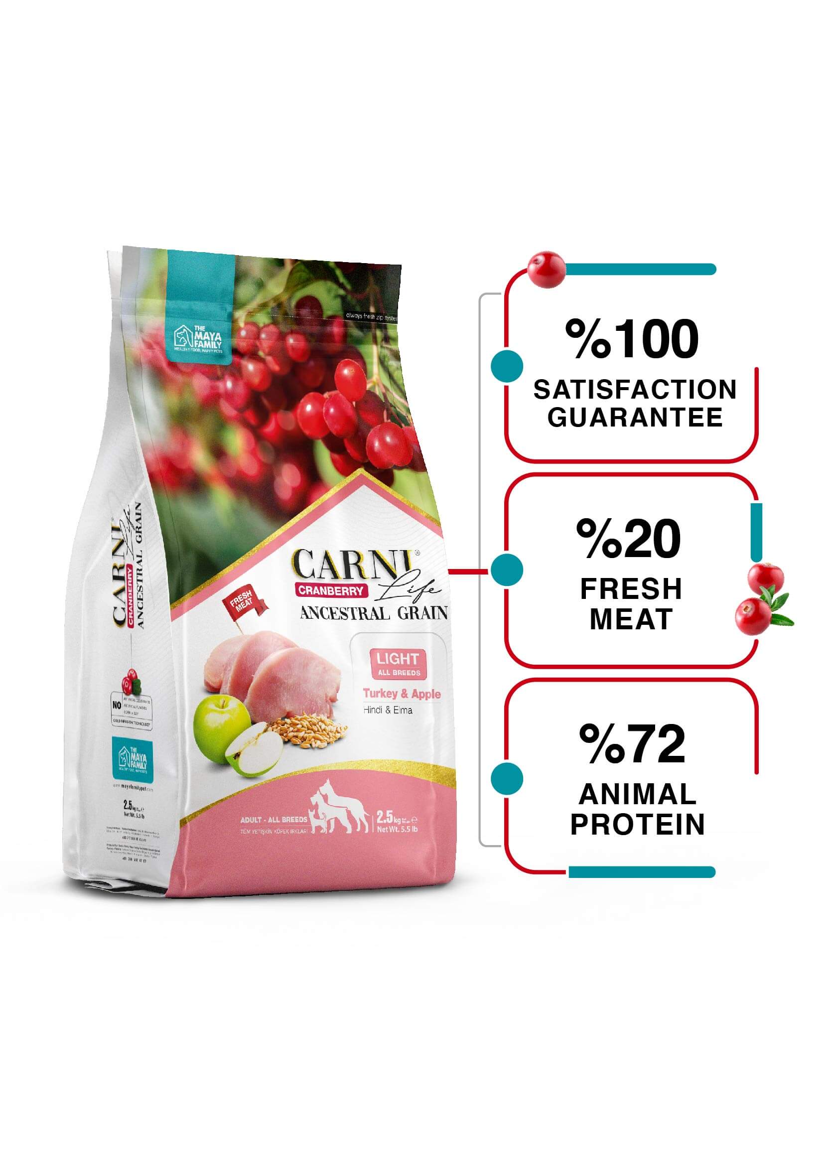 Плик Carni Life Cranberry ADULT Light пуйка и ябълка на бял фон.