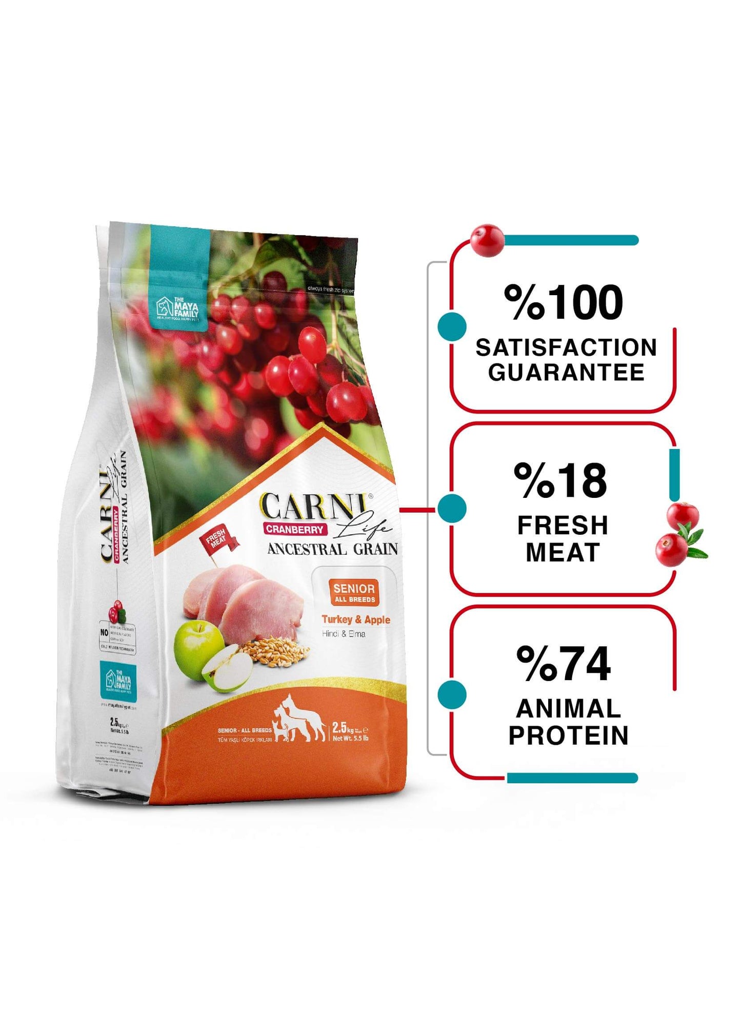 Плик Carni Life Cranberry ADULT Senior пуйка и ябълка  на бял фон.