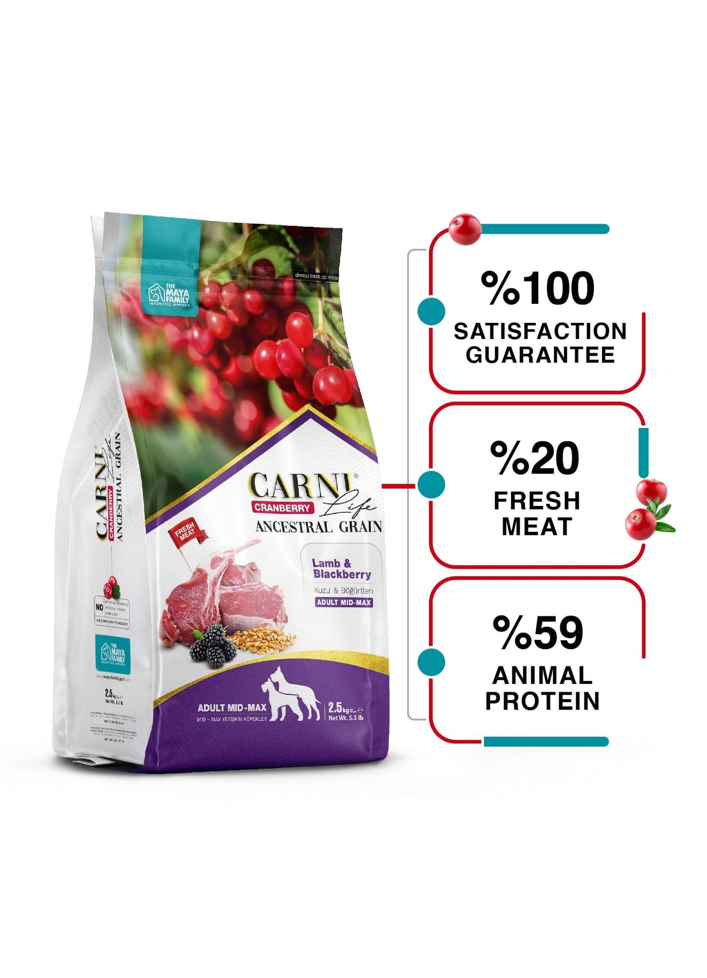 Плик Carni Life Cranberry Adult агнешко и къпина на бял фон.