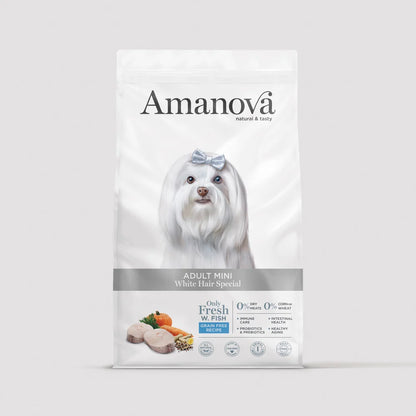 Amanova храна за израснали кучета от дребни породи с бяла козина с бяла риба