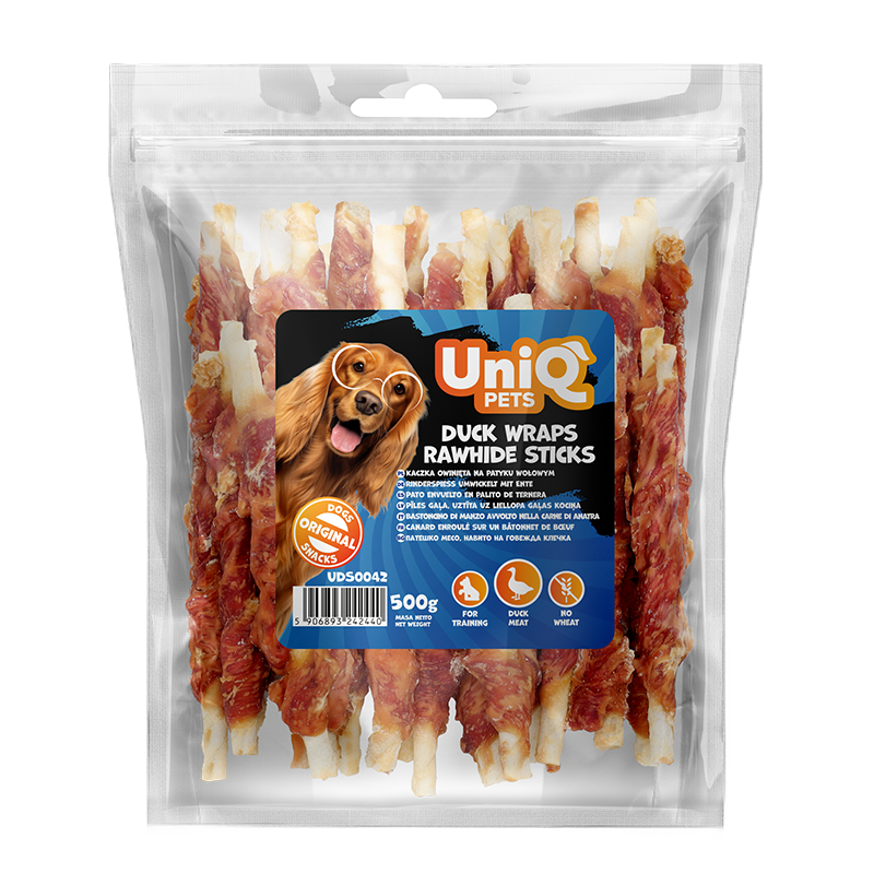 UNIQ PETS стикове със сурова кожа и патешко 12см 500гр