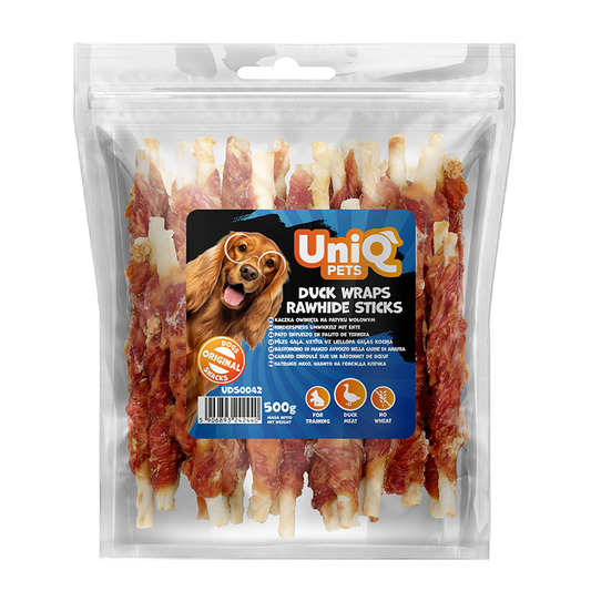 UNIQ PETS стикове със сурова кожа и патешко 12см 500гр