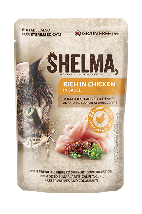 SHELMA-задушени филета за котки с пиле, домати, магданоз и мащерка в сос 85гр