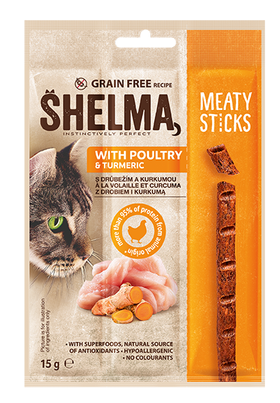 SHELMA меки пръчици за котки с птиче месо и куркума 3х15гр