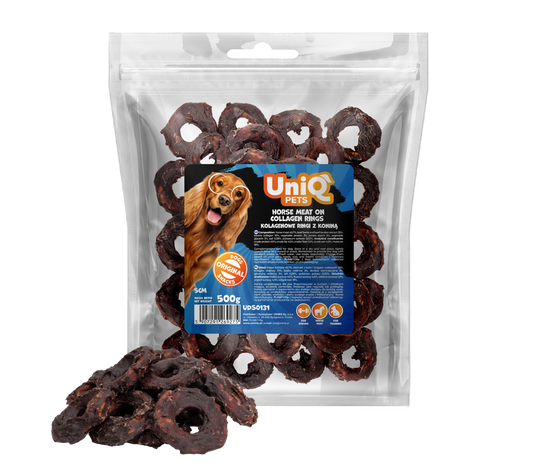 UNIQ PETS конско месо върху колагенови рингове 5см 500гр
