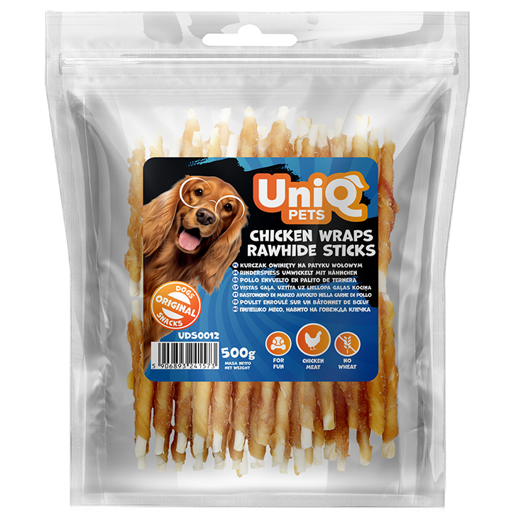 UNIQ PETS стикове със сурова кожа и пилешко 12см 500гр