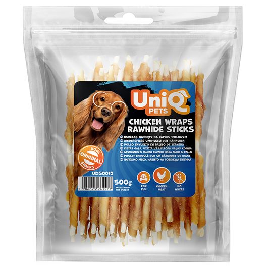 UNIQ PETS стикове със сурова кожа и пилешко 12см 500гр