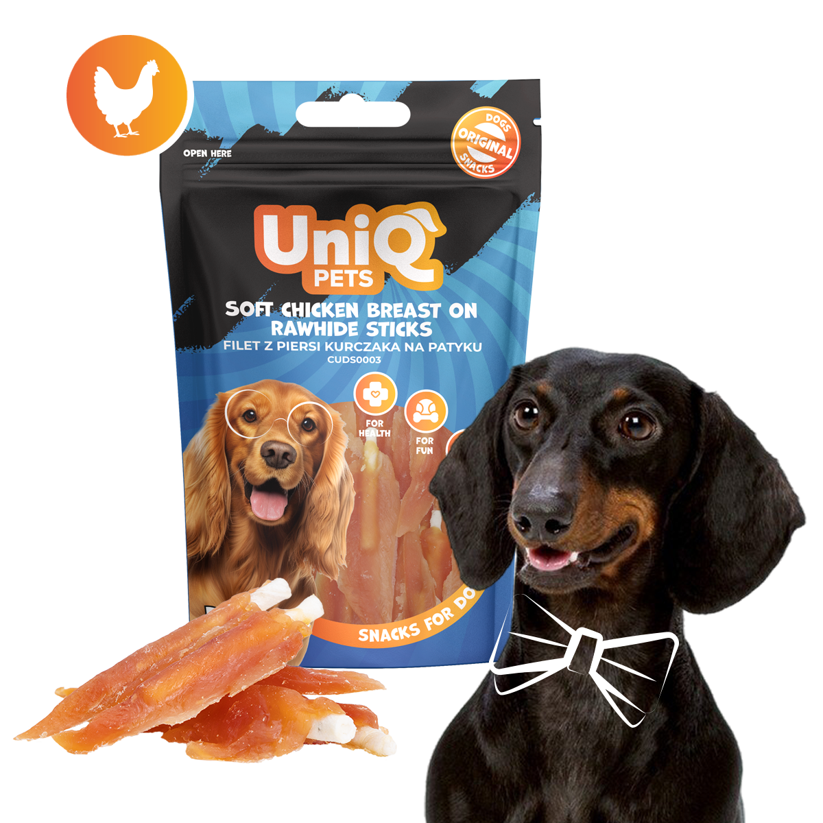 UNIQ PETS меки стикове с пилешко и сурова кожа 250гр