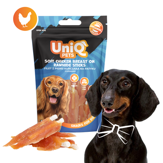 UNIQ PETS меки стикове с пилешко и сурова кожа 250гр