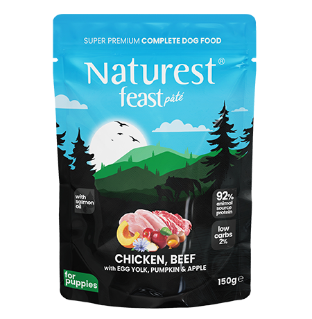 Naturest feast pate пауч за бебета кученца с пилешко, телешко с яйчен жълтък, тиква и ябълка 150гр