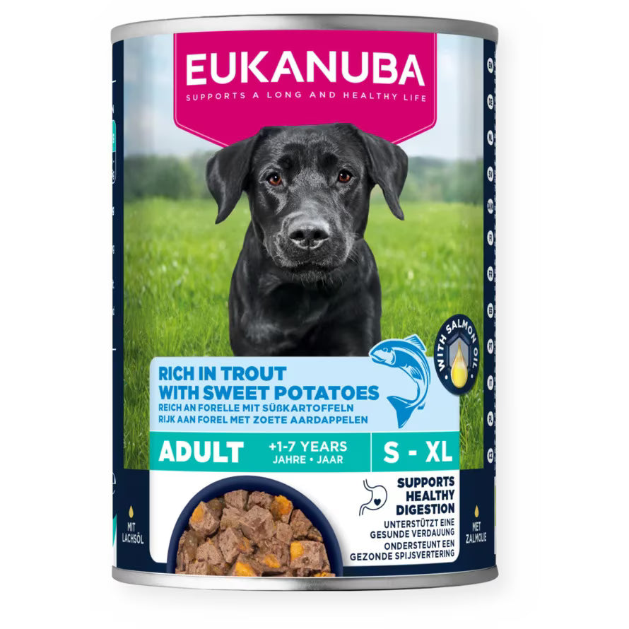 EUKANUBA консерва за възрастни кучета от всички породи с пъстърва и сладък картоф 400гр