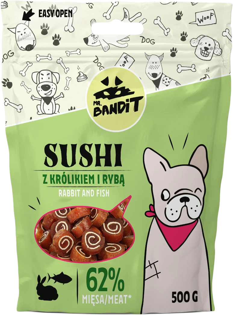 Mr. Bandit SUSHI rabbit & fish - деликатесно лакомство със заешко и риба за кучета - 500 гр.